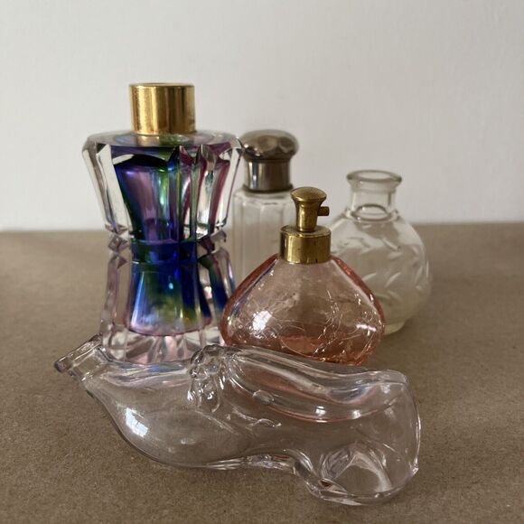 Vintage Perfume Inkwell Empty Bottles Vanity Lot (5) Irice Iridescent Cut Glass